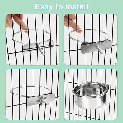 Hypeety Pet Bird Food Feeding and Drinking Hanging Cup Clamp Holder Stainless Steel Hanging Bowl for Parrot Macaw African Greys Budgies Parakeet Cockatiels Conure Lovebirds Finch Pigeon Cage