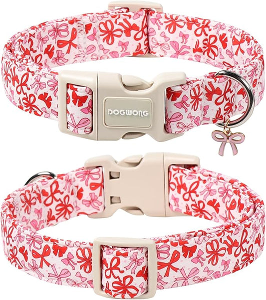 DOGWONG Cute Dog Collar, Pink Bow Pattern Dog Collar, Girl Female Dog Collars with Strong Plastic Buckle for Large Dogs,XL