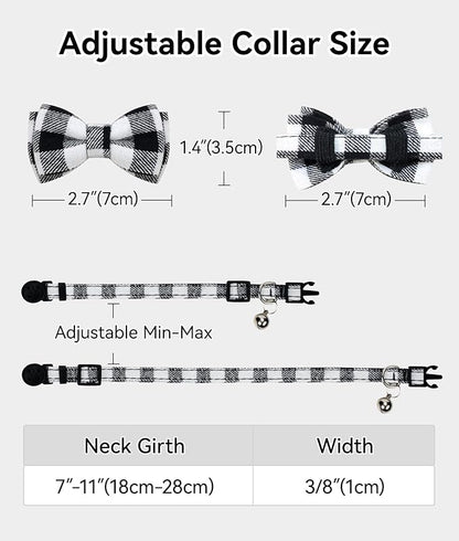 Joytale Upgraded Cat Collar with Bells, Breakaway Cat Collars with Bow Tie, 1 Pack Girl Boy Safety Plaid Kitten Collars, Black