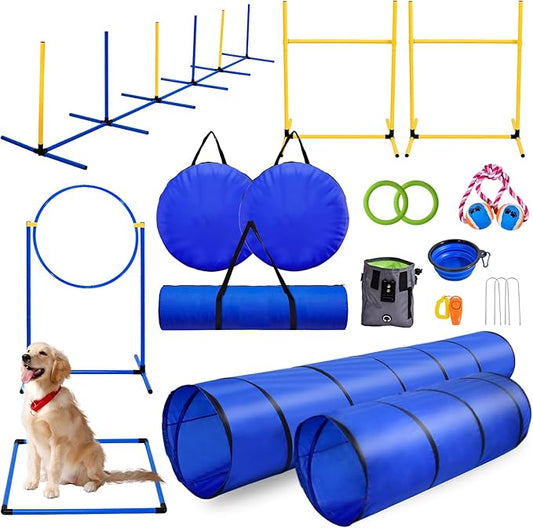 Dog Agility Training Equipment, Dog Agility Course Backyard Set with 2 Adjustable High Hurdle, 2 Tunnels, 6 Weave Poles, Pause Box, Jump Ring, Snack Bag, Folding Bowl, Balls, Whistle, Carry Bag