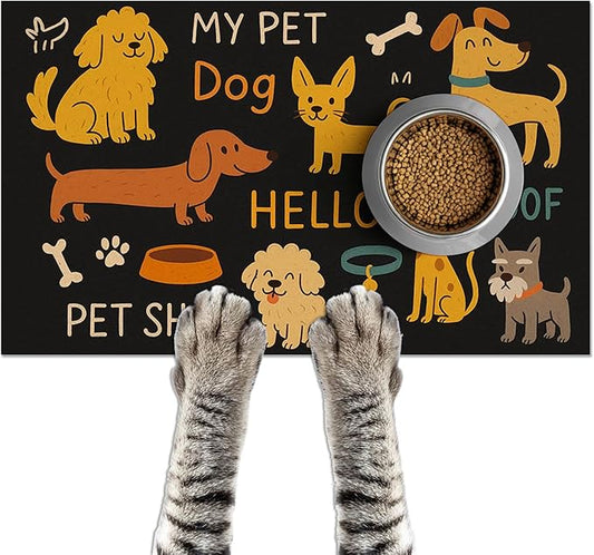 Cute Happy Dog Pattern Design Pet Food Mat 20" x 12" Fun Easy Clean Pet Feeding Mat Absorbent Cat Bowl Mat Non Slip Dog Foods Mats Pets Placemat for Dogs and Cat Feeding