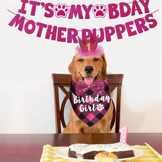 Dog Birthday Decorations, Multi Sizes Dog Birthday Bandana Girl Dog Birthday Hat Crown Bow Tie Birthday Numbers It’s My Bday Mother Puppers Sign Banner for Medium Large Dogs Pets (Pink, Large)