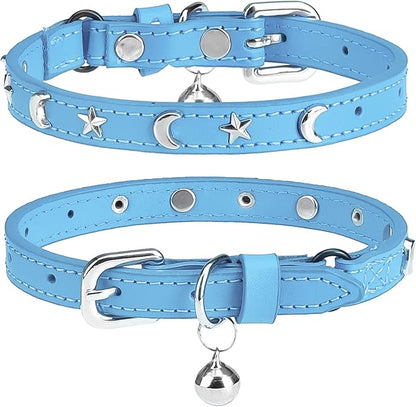 Leather Cat Collars for Boy Girl Cats with Bell and Safety Elastic Belt, Personalized Star and Moon Stud Adjustable Safe Buckle Collar for Kitty Small Big Cats Size 8-12 Inch, Light Blue