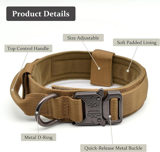 Tactical Dog Collar, Adjustable Military Training Nylon Dog Collar with Control Handle and Heavy Quick-Release Metal Buckle for Small Medium Large Dogs, Brown XXL