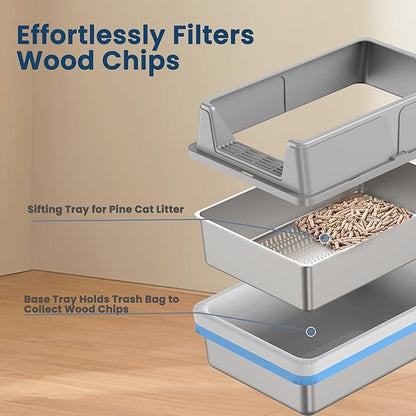 Stainless Steel Sifting Litter Box for Pine Pellets, 23.6" x 15.7" x 11.8" Large Sifting Cat Litter Box with Sifter, High Side for Big Cats, Anti-Leakage, Odor Control, Includes Scooper