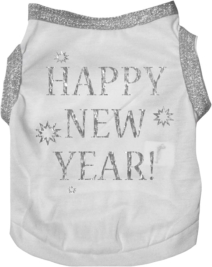 Petitebella Bling Happy New Year Puppy Dog Shirt (White/Sliver, Medium)