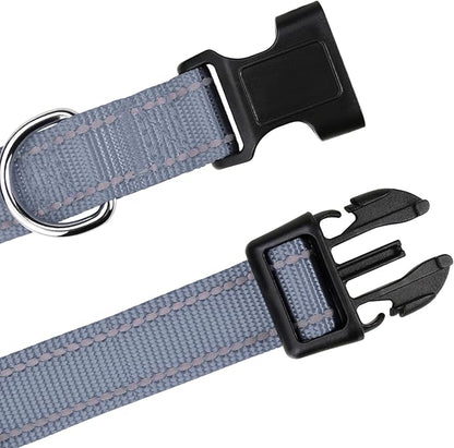 TagME Reflective Nylon Dog Collars, Adjustable Classic Pet Collar with Quick Release Buckle for Extra Large Dogs, Grey, 1¼"Width