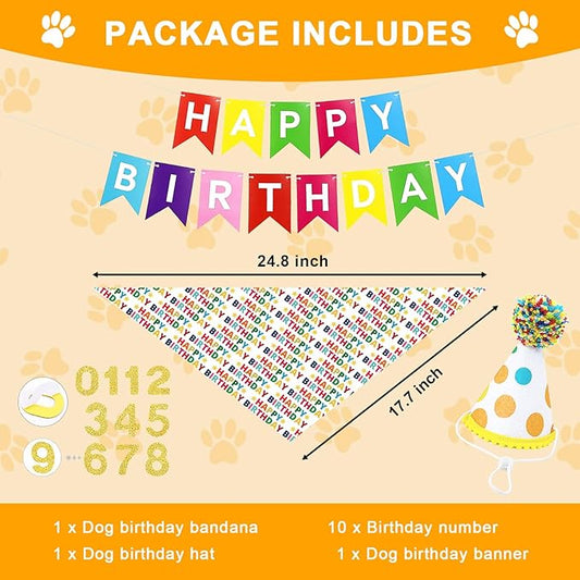 Dog First Birthday Party Decorations, Adjustable Dog Bandana Set with Hat, Numbers, Banner for Pet Party Supplies Festive Accessories Large Medium Small Pet Puppy Dogs, Color