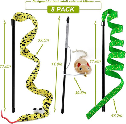Interactive Cat Toy Wand with Catnip Mouse, Cat Teaser Wand Rainbow String for Bored Indoor Adult Cats and Kittens (8 Pack)