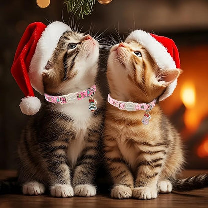 2 Pack Christmas Cat Collars - Breakaway Cat Collar with Bell, Pink and Green Christmas Tree Pendant, Winter Adjustable Kitten Collars for Girl Boy Cats, Cozy Christmas