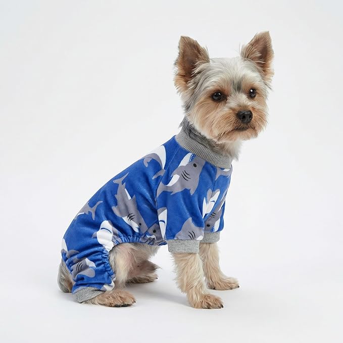 Fitwarm Shark Dog Pajamas, Dog Clothes for Small Dogs Girl Boy, Pet Onesie with Feet, Cat Outfit, Lightweight Velvet, Royal Blue, Small
