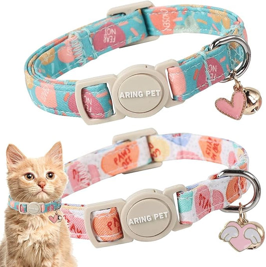 ARING PET 2 Pack Valentine's Day Cat Collars-Cute Heart Cat Collar Breakaway with Bell&Pendant, Adjustable Valentine Kitten Collars with Safety Buckle for Girl and Boy Cats