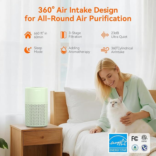 AIRROMI Pets Air Purifier for Home Allergies,Up to 660 ft². HEPA Deodorizing Activated Carbon Filter,With Fragrance Sponge for Better Sleep,Night Light,Pet Dander,Smoke,Odors,Air Cleaner A2002 Green