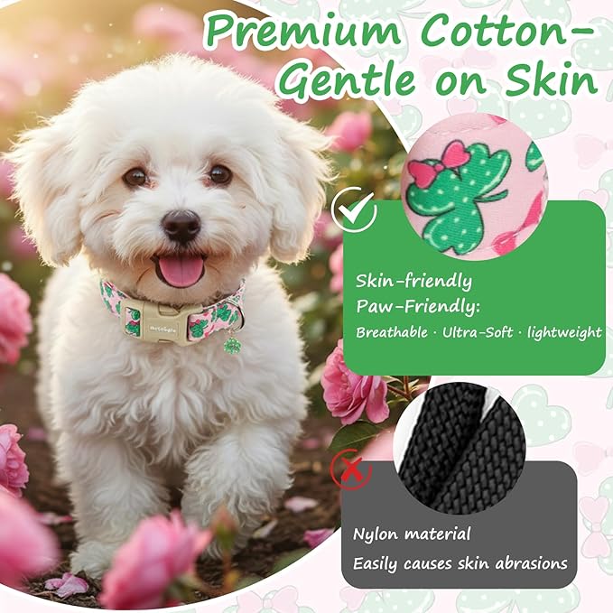 St. Patrick's Day Dog Collar,Pink Bow with Lucky Shamrock Puppy Collar,Adjustable Spring Cotton Collars Gifts for Small Medium Large Dogs,Dog Accessories S