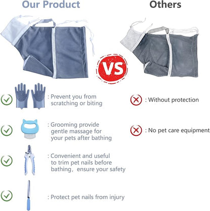 KlerRoem Cat Bathing Bag, Adjustable Anti-bite and Anti-Scratch Shower Mesh Grooming Bag for Pet Dogs, Includes Pet Nail Clipper, Nail File, Grooming Glove, and Cat Shell Comb