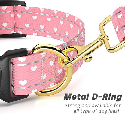 Reflective Dog Collar for Small Dogs, Cute Adjustable Heavy-Duty Nylon Puppy Collars for Boy and Girl Female, Soft Pet Accessories with Quick Release Buckle, Neck 10-16", Pink Hearts
