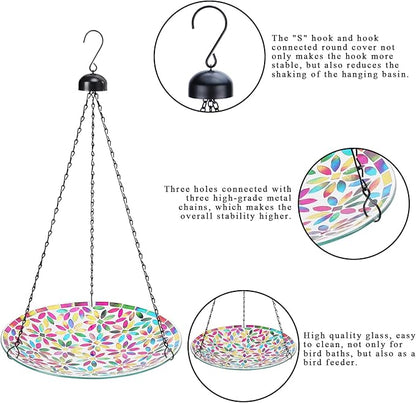 VCUTEKA Hanging Bird Bath, Glass Mosaic Bird Baths for Outdoors Birdfeeder with 21 inch Rust-Proof Chain for Garden Yard Decor