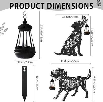 Solar Lights Garden Decor - 2 Pcs Metal Dog Statues Outdoor Decorative Yard Stakes with Lantern Waterproof Patio Lawn Pathway Ornaments Christmas Decorations Gifts for Women Animal Lover