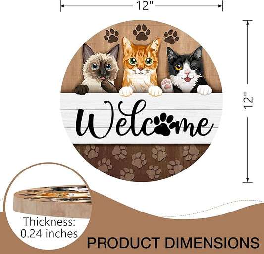 Deroro Welcome Cats Front Door Sign, Paw Prints Wood Door Hanger Outdoor Outside Porch Decor Pet Lover Owner Gifts, Farmhouse Wooden Wreath Indoor Wall Hanging Decoration
