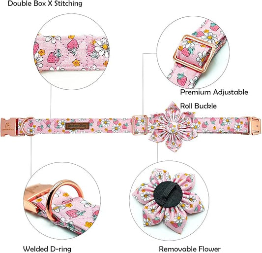 Lionheart glory Dog Collar Flower Collar Pink Dog Collar with Flower Spring Summer Cute Collar Dog Female Soft Durable Adjustable Dog Collars for Medium Dogs, B:Strawberries