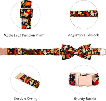 Fall Dog Collar, Leaf Pumpkin Print Adjustable Pet Collar Cute Cotton Soft Collars with Bow Tie Metal Buckle Holiday Puppy Collars Boy&Girl Gift for Medium Dogs
