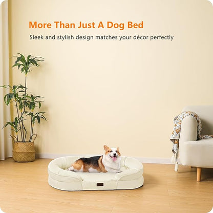Dwanton Orthopedic Dog Bed for Medium Dogs with Gel Memory Foam, Waterproof Dog Sofa, Washable Pet Bed with Four Sided Bolster Cushion, Removable Cover & Non-Slip Bottom, 35", Beige