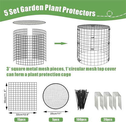 5 Packs Garden Plant Protectors from Animals,Metal Plant Cage Chicken Wire Cloche with Ground Stakes and Nylon Tie,Garden Plant Protectors for Flower Vegetable to Keep Animals Out-11.8"x 12.6"