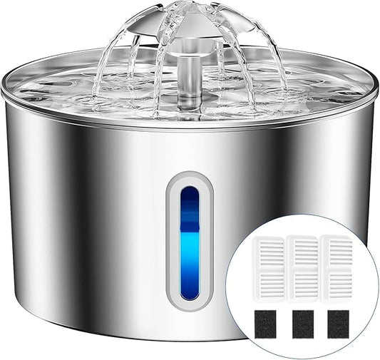 Cat Water Fountain Stainless Steel - 74oz/2.2L Pet Gift Dog Water Dispenser Automatic Silent Cats Dispenser for Drinking Indoor Metal Kitty Spout Fountains with 3 Filters & 3 Sponges Cat Dogs Gifts
