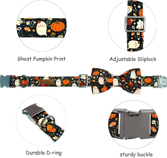 Halloween Dog Collar, Ghost Print Adjustable Pet Collar Fall Pumpkin Cute Cotton Soft Collars with Bow Tie Fall Metal Buckle Holiday Puppy Collars Boy&Girl Gift for Medium Dogs