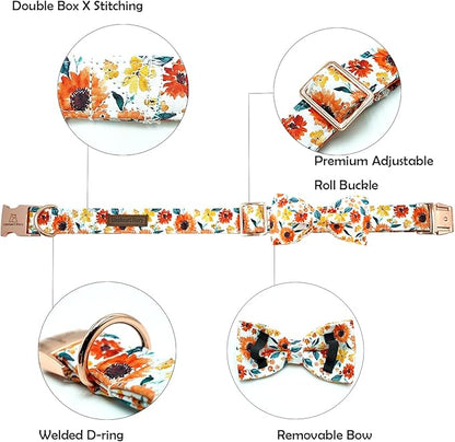 Lionheart glory Dog Collar Bow Collar Floral Dog Collar with Bow Tie Spring Summer Cute Collar Dog Boy or Girl Dog Collars Soft Durable Adjustable Dog Collars for Large Dogs