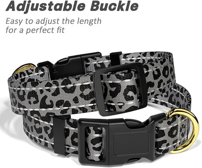 Reflective Dog Collar for Medium Dogs, Cute Leopard Style Adjustable Heavy-Duty Nylon Puppy Collar for Boy and Girl Female, Soft Pet Accessories with Quick Release Buckle, Gray