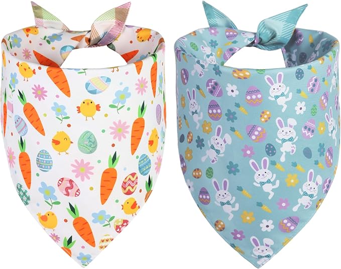 Easter Dog Bandana Large 2PCS, Colorful Scarf for Boy and Girl, Durable Triangle Reversible Bibs Handkerchief for Puppy Pet
