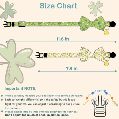 Faygarsle 2 Pack St Patrick's Day Cat Collar Cute Trefoil Gold Coin Printed Collar with Bow tie Breakaway Green Yellow Cat Collar for Boy Girl Cats