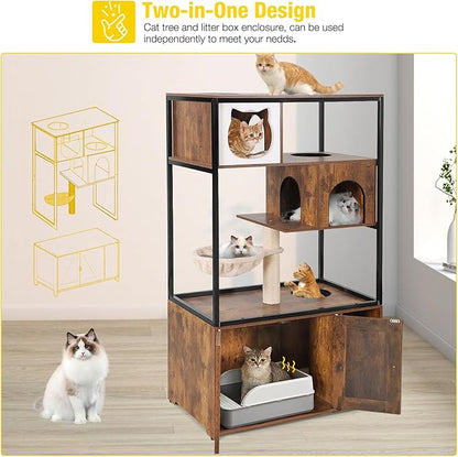 Aivituvin Cat Litter Box Enclosure, Litter Box Furniture Hidden, Wooden Cat Washroom Furniture, Indoor Cats House with Condo, Hammock, Scratching Mat and Storage Shelves