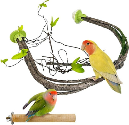 PINVNBY 2 PCS Bendable Bird Perches Simulation Branch Parrot Perch Stand with Green Leaf Hanging Paw Grinding Fork Cage Accessories for Parakeet Budgie Finch Cockatiel Conure (Large)