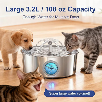 Stainless Steel Cat Water Fountain with Silicone Mat & 2 Filters, 108oz/3.2L Automatic Pet Water Dispenser for Cats Dogs, Quiet Indoor Metal Drinking Bowl, Dog Fountains, Waterer