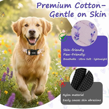 Dog Collar for Medium Dogs, Spring Purple Dog Collars with Flowers Pattern, Adjustable Cotton Dog Collars, Cute Girl or Boy Dog Collar Ideal for Gifts,Pet Accessory