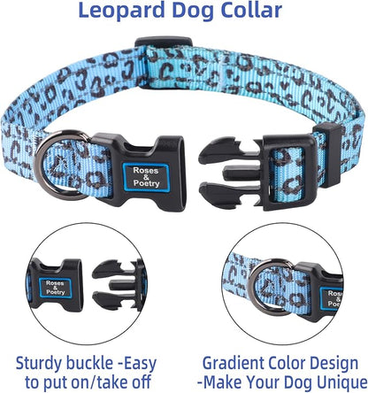 Roses&Poetry Small Dog Collar, Cute Leopard Style Adjustable Reflective Puppy Collars Durable Pet Collars for Small Medium Large Dogs(Azure-Leopard S)