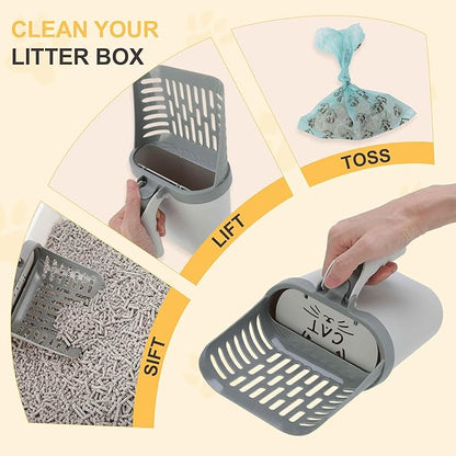 Cat Litter Scoop, Durable Litter Scooper with Refill Bags, Mess-Free Cat Litter Scooper, Convenient Scoop Holder Design, White, Grey