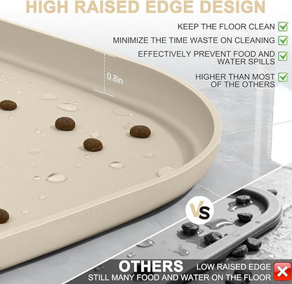 Silicone Pet Food Mat with Raised Edge for Food and Water Bowl, Dog Feeding Mats, Cat Food Trays for Floor Waterproof, Rubber Tray for Dogs and Cats, 22 x 14 x 0.8 Beige