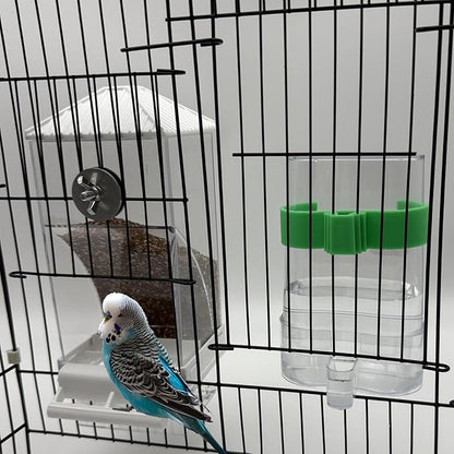 No Mess Bird Feeder Water Dispenser Set, Automatic Parrot Feeder for Cage Transparent Acrylic Food Container Drinker Cage Accessories Parakeet Cockatiel Lovebird Finch (Green)