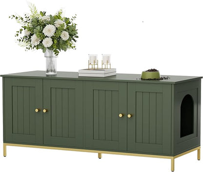 Homhedy Cat Litter Box Enclosure for 2 Cats, Litter Box Furniture Hidden with Double Room, Cat House, 47.2”L x 17.7”W x 21.7”H, Green and Gold