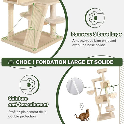 MUTICOR 66 Inches Multi-Level Large Cat Tree Tower for Indoor Big Feline/Cozy Plush Perches/Condo/Sisal Scratching Posts/Hammock and Baskets/Activity Center Play House/Wide Base/Beige