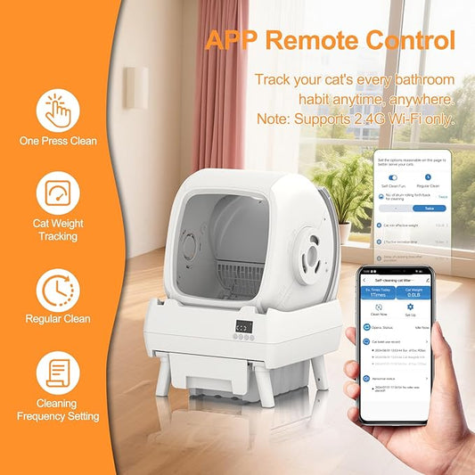 Automatic Cat Litter Box Self Cleaning - App Control, Cat Toilet Records, Suitable for Medium Cats and Kittens, Anti-Pinch Safety, Low Noise Operation【Assembly Required】- White
