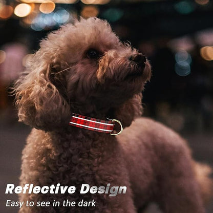 Reflective Dog Collar for Medium Dogs, Cute Boho Adjustable Heavy-Duty Nylon Puppy Collar for Boy and Girl Female, Soft Pet Accessories with Quick Release Buckle, Black Red Tartan