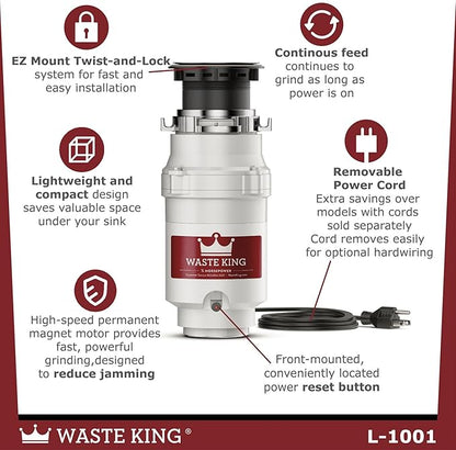 Waste King Garbage Disposal for Kitchen Sink with Power Cord, L-1001