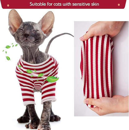 DENTRUN Hairless Cats Shirt Breathable Cat Daily Wear Clothes Stripe Vest Adorable Pajamas Jumpsuit Soft & Skin-Friendly