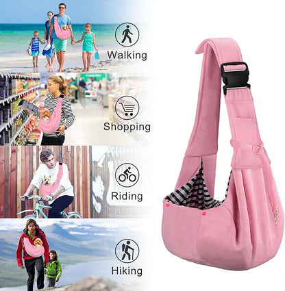 PETLOFT Reversible Dog Cat Sling Carrier, Small Dog Carrier, Adjustable Dog Sling, Hands Free Cross Body Carrier with Collar Hook for Dog/Cat/Bunny up to 11lb (Light Pink)