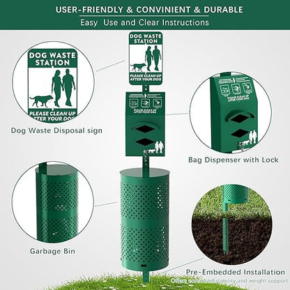 POCHAR Aluminum Rustproof Dog Waste Disposal Station for Pet Parks – 10 Gallon Outdoor Pet Poop Station with Reflective Sign & Lid – Durable Trash Bin for Backyard Dog Waste