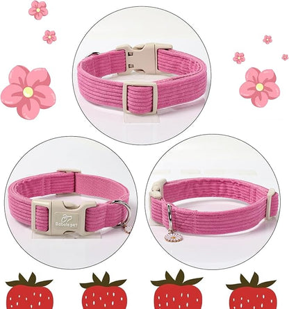 Cute Corduroy Dog Collar - Deep Rose Adjustable Dog Collars for X-Large Dogs 80+lbs, Fade-Proof with Secure Snap & Little Charm, Christmas Birthday Gift, XL